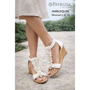 PATRIZIA by Spring Step Women White Wedge Sandals Floral Embellishments Size 38